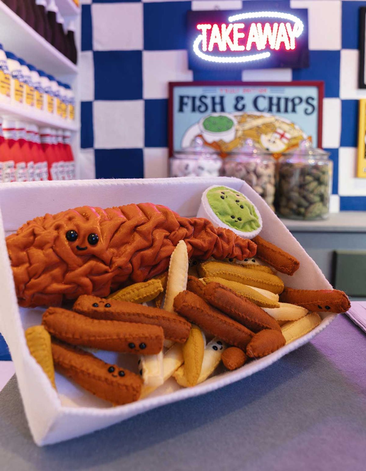 Good enough to eat: alongside Lucy Sparrow’s installation of an entire fabric fish and chip shop, the artist sells individual pieces, such as this fish supper (£450)
Photo: Lucinda Emms; courtesy of the artist and Lyndsey Ingram