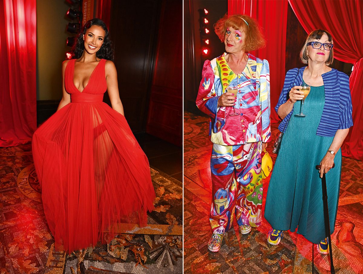 Guests Maya Jama (left) and Grayson and Phillippa Perry at the National Gallery’s summer shindig, a swanky event aimed at drumming up support 

Photos: Dave Benett