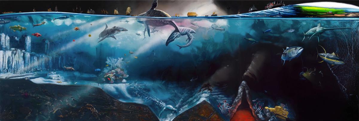 Alexis Rockman’s 24ft-long painting Oceanus (2022), on show in his exhibition of the same name at the Mystic Seaport Museum until spring 2024 Courtesy the artist and Mystic Seaport Museum