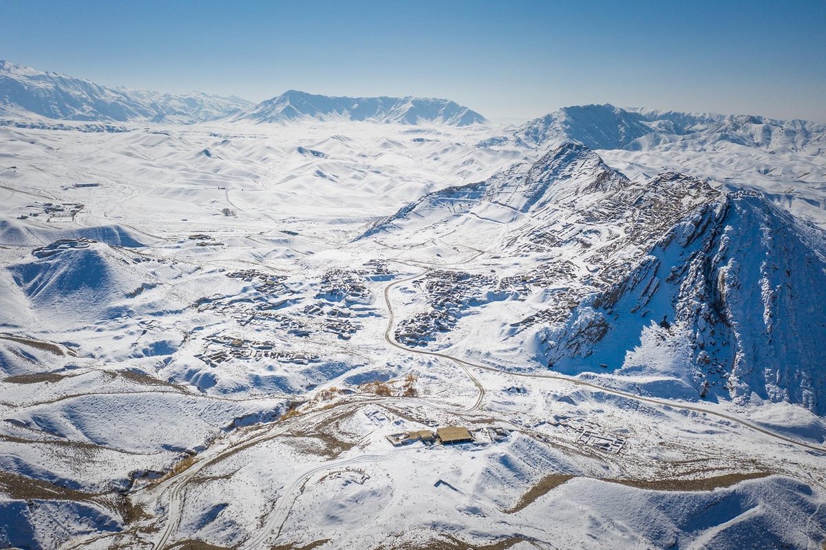 The Afghan archaeological site of Mes Aynak under snow in January 2023. Heavy snow has damaged many of the protective structures around the ancient remains Photo: courtesy of AKTC