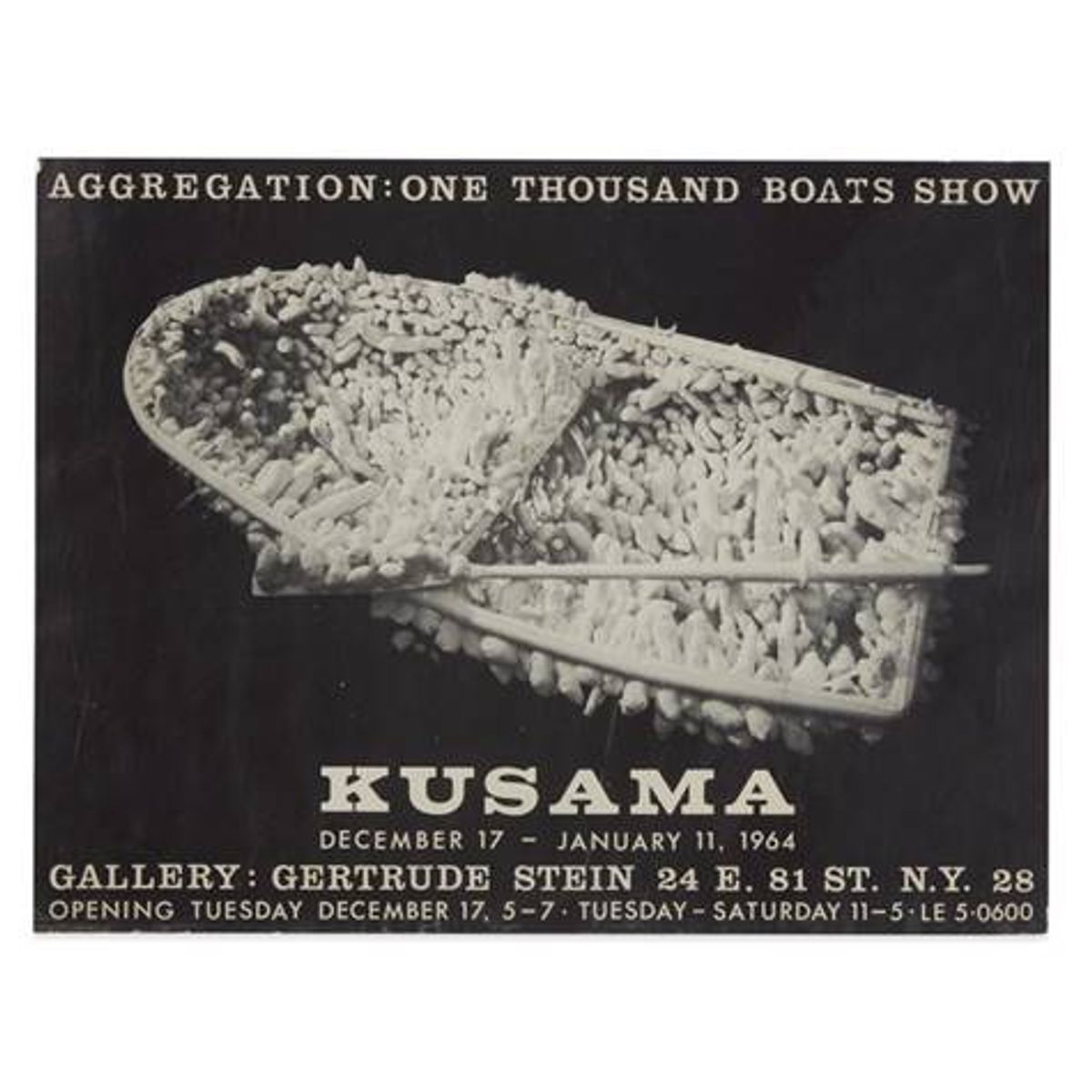 As part of WADDA's oral history project, cofounder Véronique Chagnon-Burke is working with Gallery Gertrude Stein, which gave Yayoi Kusama an early career solo show in New York in 1964. Above: Poster for Aggregation: One Thousand Boats Show: Kusama, Gallery Gertrude Stein (1964) Courtesy of the Gallery Gertrude Stein
