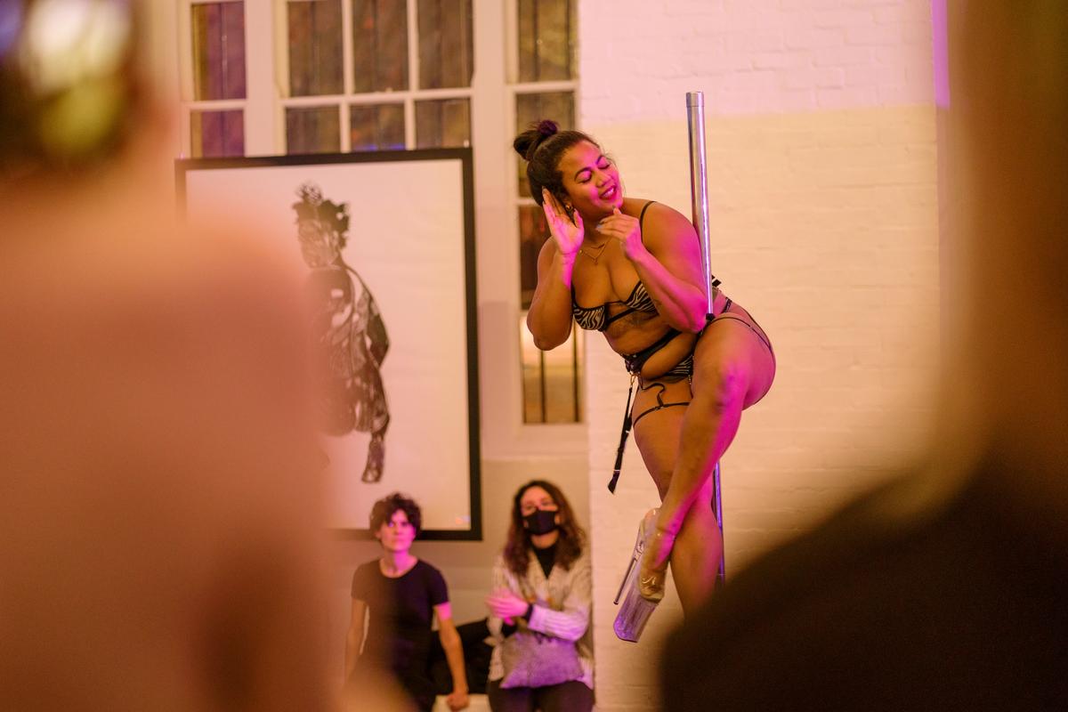 Pole dancer Lauren Elise at the opening of Decriminalised Futures at ICA, London. Photo: Anne Tetzlaf
