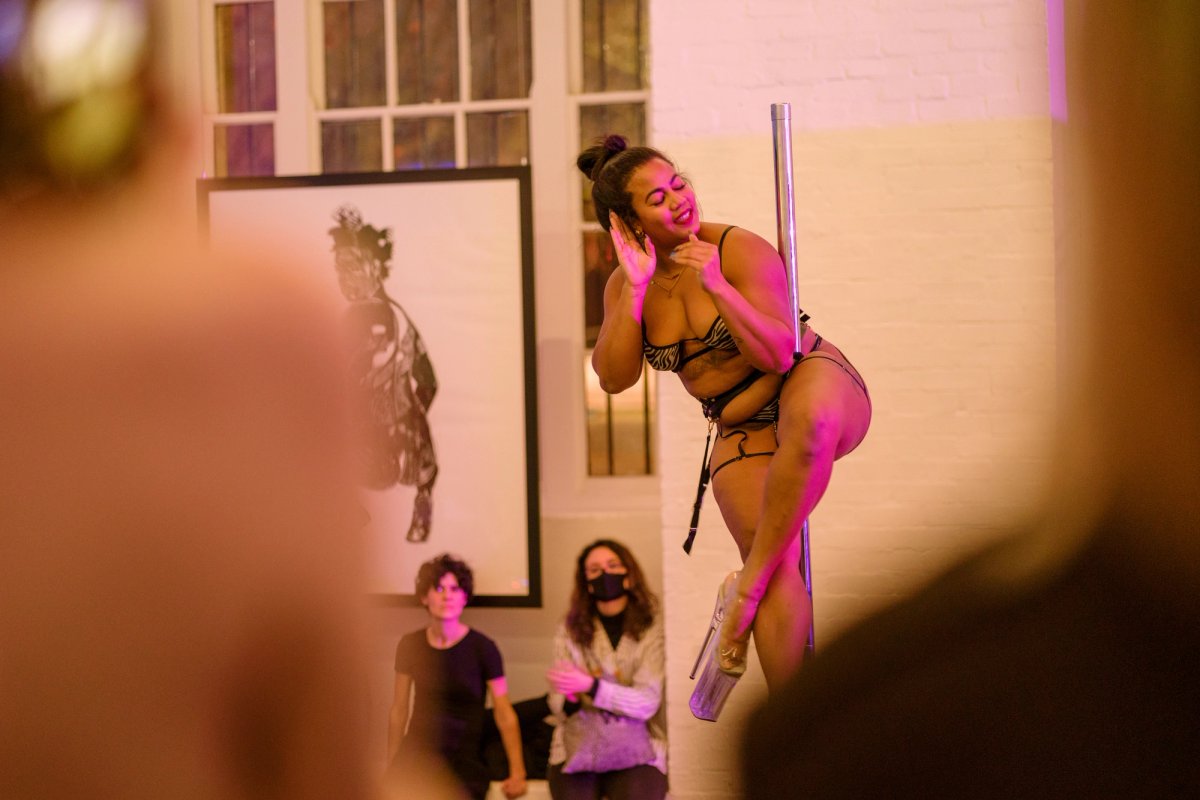 Pole dancer Lauren Elise at the opening of Decriminalised Futures at ICA, London. Photo: Anne Tetzlaf