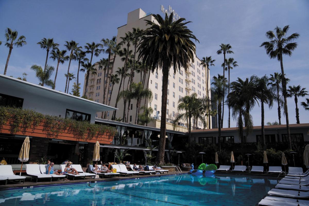 Hollywood Roosevelt Hotel’s poolside rooms have been transformed into stands Photo: Eric Thayer
