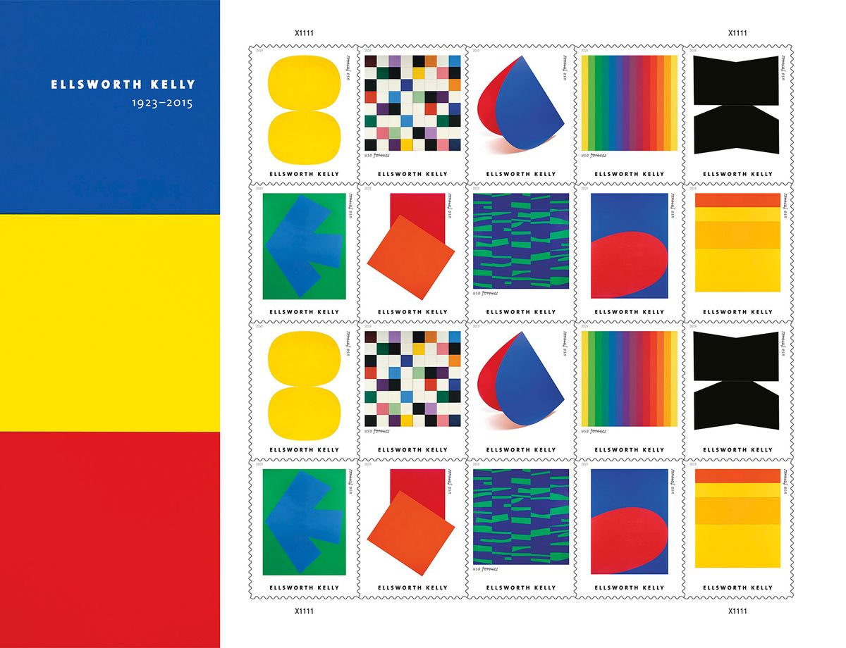 A new series of USPS stamps featuring works by Ellsworth Kelly, including Spectrum I (1953), Blue Red Rocker (1963) and Orange Red Relief (for Delphine Seyrig) (1990) USPS