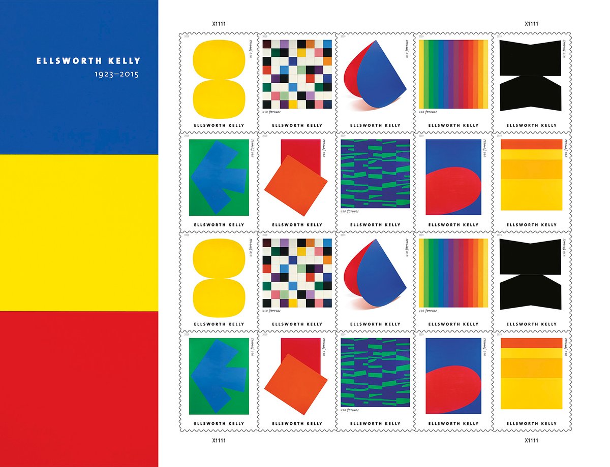 A new series of USPS stamps featuring works by Ellsworth Kelly, including Spectrum I (1953), Blue Red Rocker (1963) and Orange Red Relief (for Delphine Seyrig) (1990) USPS