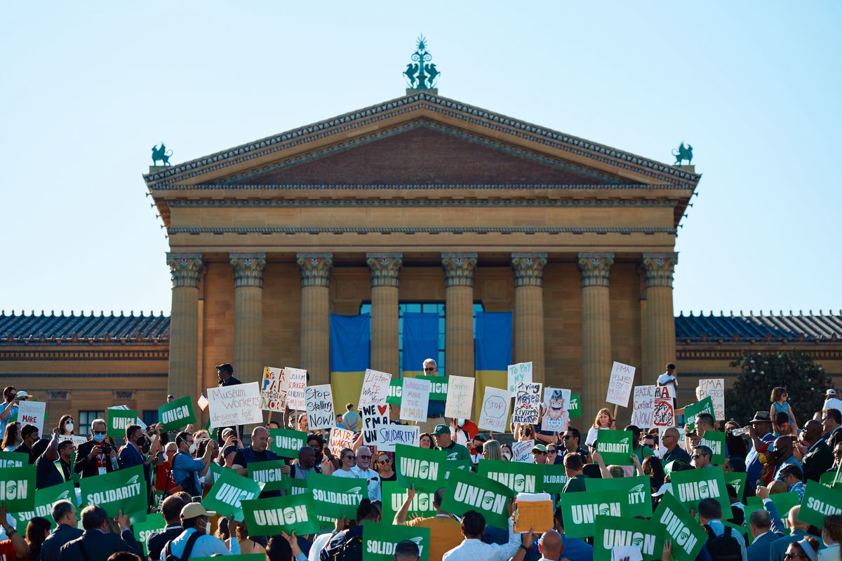 Philadelphia Museum of Art workers and their supporters rally outside the museum on 14 June Photo by Tim Tiebout