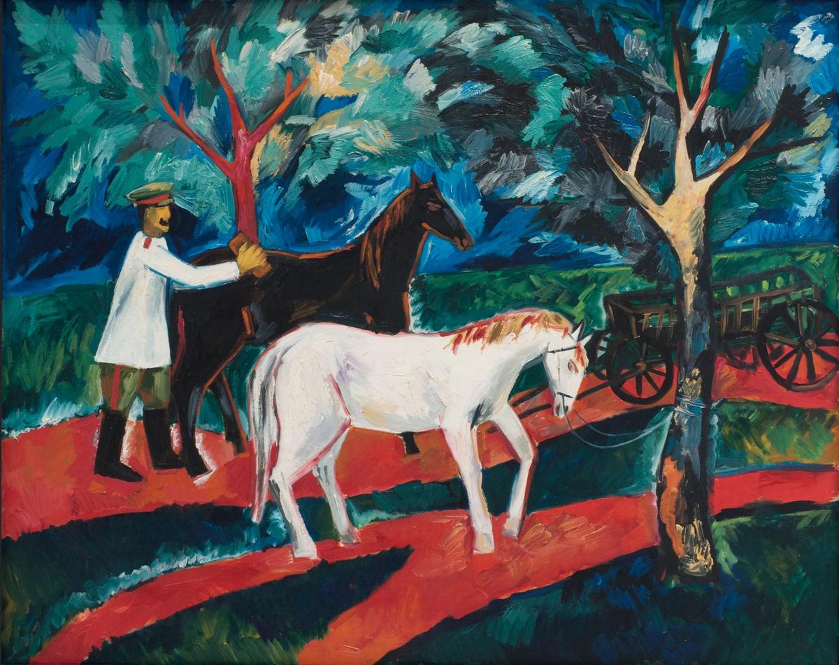 Natalia Goncharova's Soldier Washing Horses (1910), valued in court documents at $6m, is among the works that a gallery's lawyer says were taken 'hostage' Courtesy of Shchukin Gallery