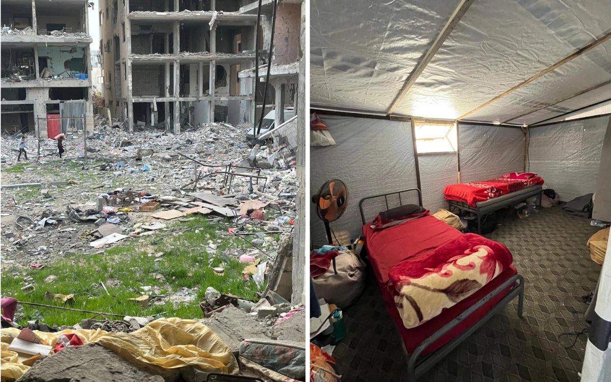 Left: Al-Karama, Leena Majed Yassin's neighbourhood in Gaza, taken during the January 2025 Israel-Hamas ceasefire
Right: the tent where Yassin and her family currently live
Courtesy of Leena Majed Yassin