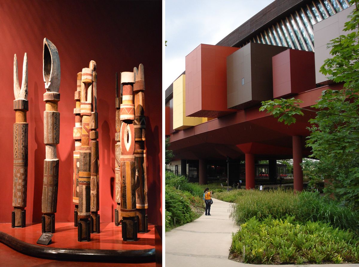 Funeral poles (left) in the collection of the Musée du Quai Branly-Jacques Chirac in Paris (right) Museum photo: Timothy Brown