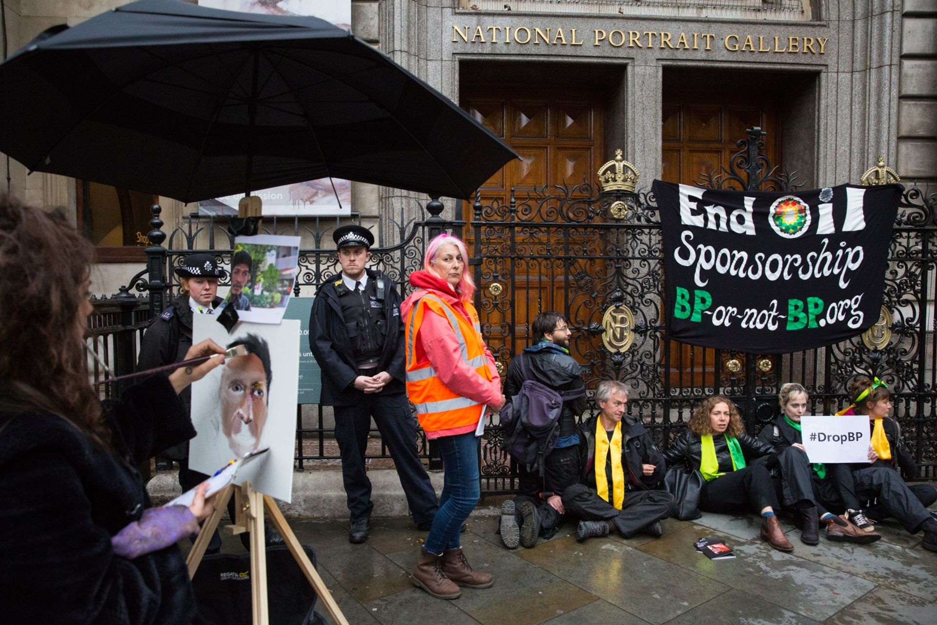 In 2019, members of the activist group BP or not BP? attached themselves to the gates at the main entrance of the National Portrait Gallery in protest of BP sponsorship Photo: Mark Kerrison