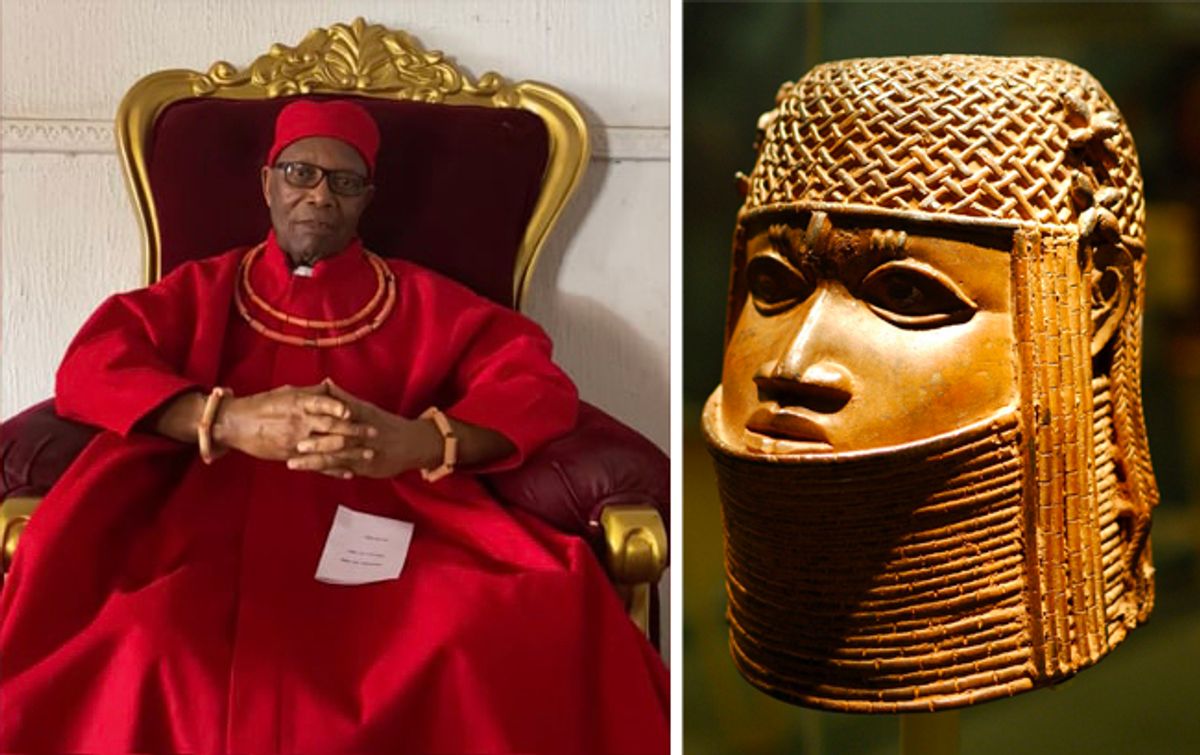 Left: Prince Edun Akenzua in an interview for the BBC; right: the Benin bronze in the Bristol museum's collection Akenzua: BBC Inside Out West; bronze: Matt Neale