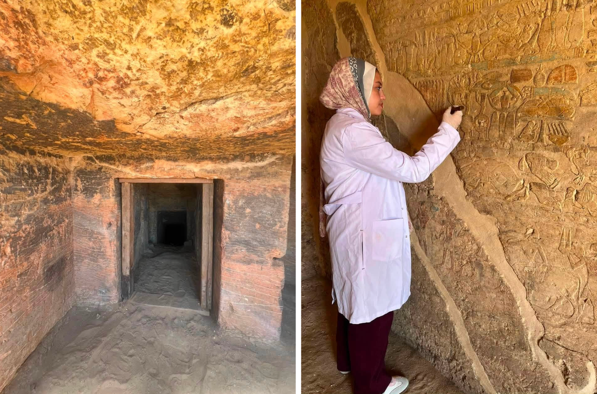The entrance to one of the rock-cut tombs (left) and an archaeologist inside (right) Courtesy of the Egyptian Ministry of Tourism and Antiquities
