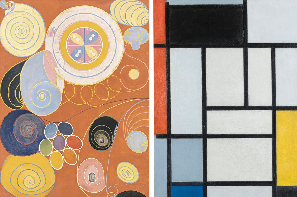 Left: Hilma af Klint's The Ten Largest, Group IV, No. 3, Youth (1907). Right: Piet Mondrian's Composition with red, black, yellow, blue and gray (1921)
Courtesy of The Hilma af Klint Foundation, Kunstmuseum den Haag
