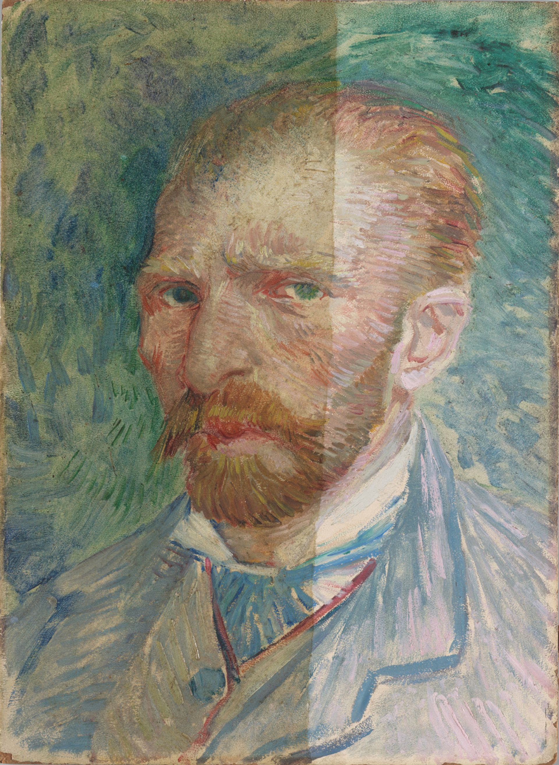 Van Gogh’s Self-portrait (April-June 1887), with nearly half the old varnish removed Credit: Kröller-Müller Museum, Otterlo (Photo: Rik Klein Gotink)