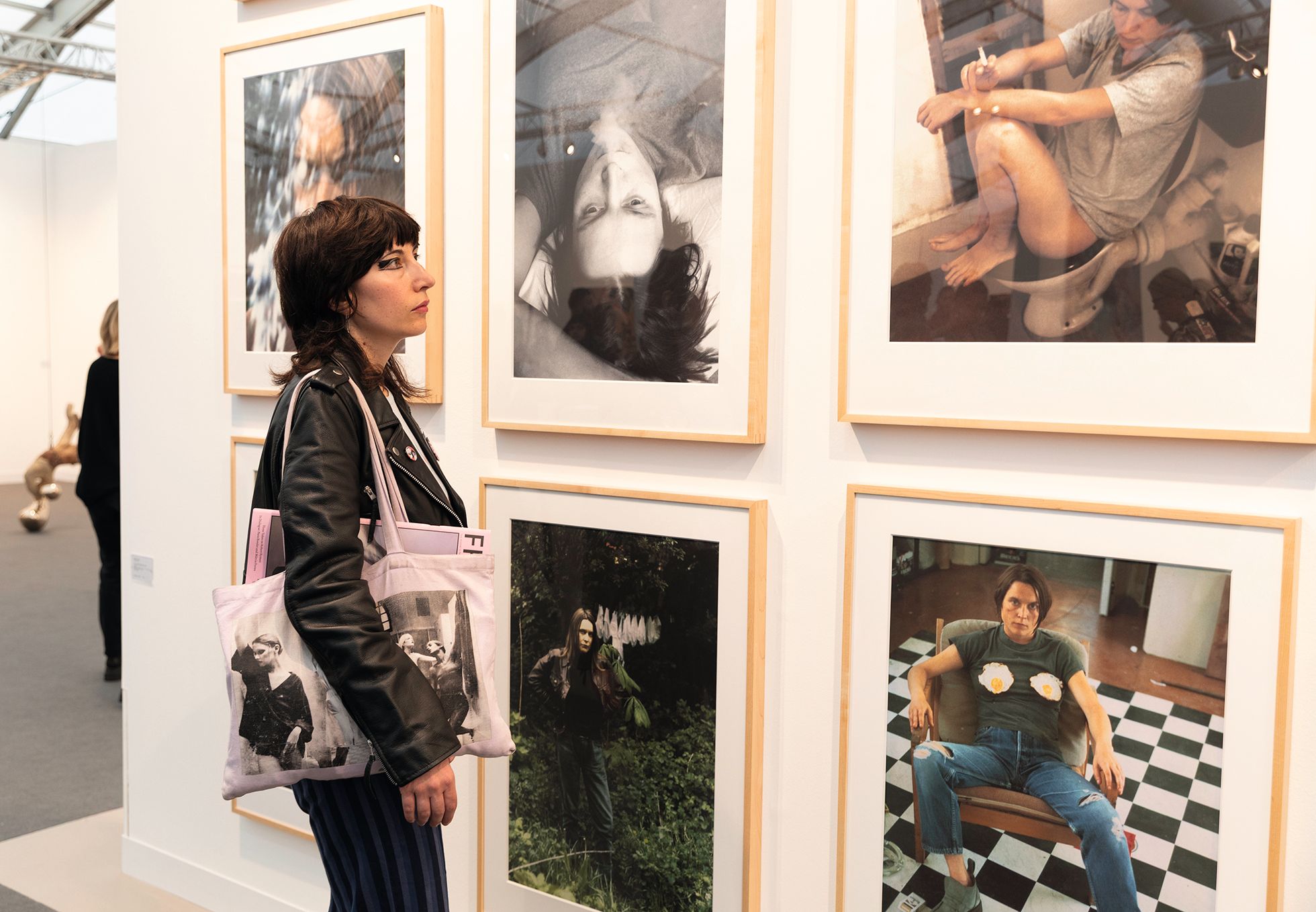 A series of self-portraits by the YBA Sarah Lucas spanning the 1990s are on show at the stand of Sadie Coles HQ at Frieze London Photo: David Owens