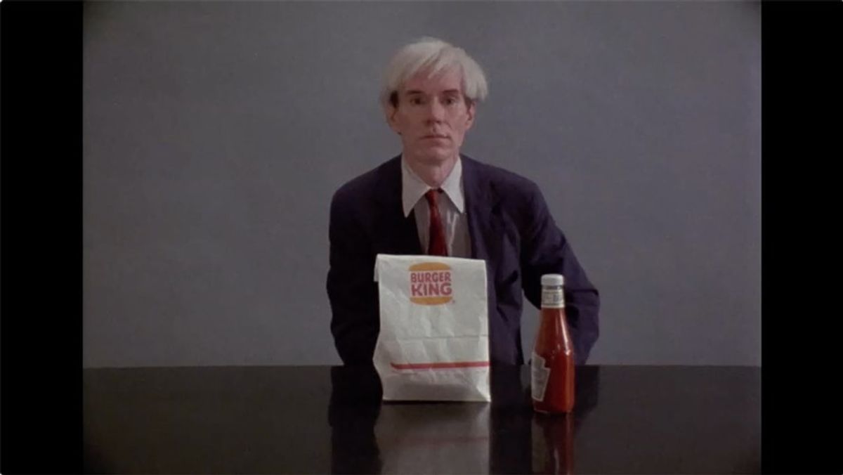 Andy Warhol eats a hamburger, from the Danish director Jorgen Leth’s 1982 film 66 Scenes from America