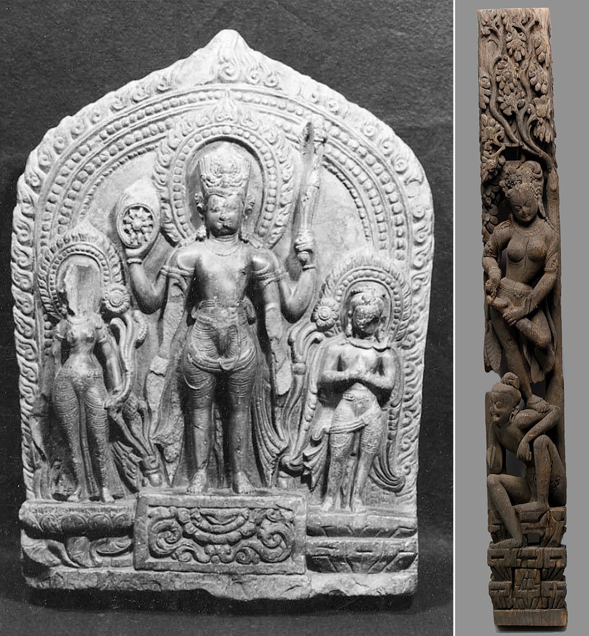 The 11th-century stone sculpture Vishnu Flanked by Lakshmi and Garuda (left) and the 13th-century wood temple strut (right) that the Metropolitan Museum of Art is repatriating to Nepal Courtesy the Metropolitan Museum of Art, New York