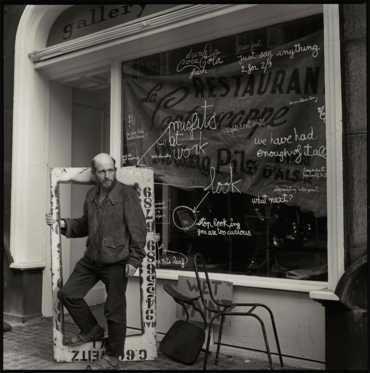 Gustav Metzger outside Gallery One during the Festival of Misfits, London, in 1962 ©National Portrait Gallery; Photo: John Cox