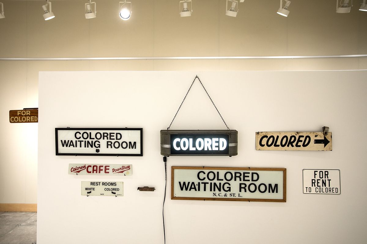 The displays include “objects of oppression”, such as a brick made by slaves to build the White House, which his wife Diane Page describes as “very symbolic… showing how African Americans helped build this country” and “colored” signs used during segregation Photo: Bianca Wilcox