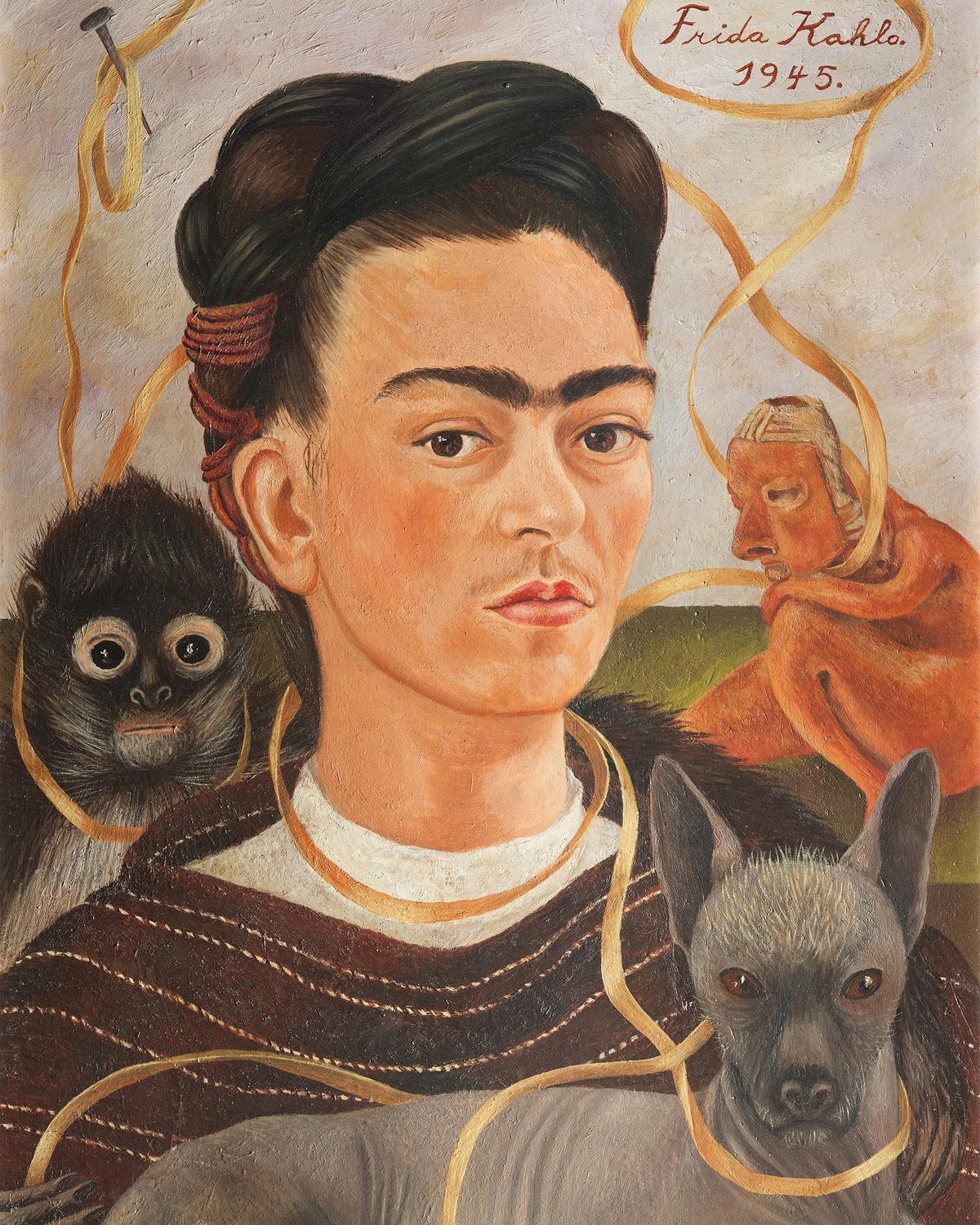 Frida Kahlo, Self-Portrait with Small Monkey (1945) Collection Museo Dolores Olmedo, Xochimilco, Mexico © 2020 Banco de México Diego Rivera Frida Kahlo Museums Trust, Mexico, D.F. / Artists Rights Society (ARS), New York