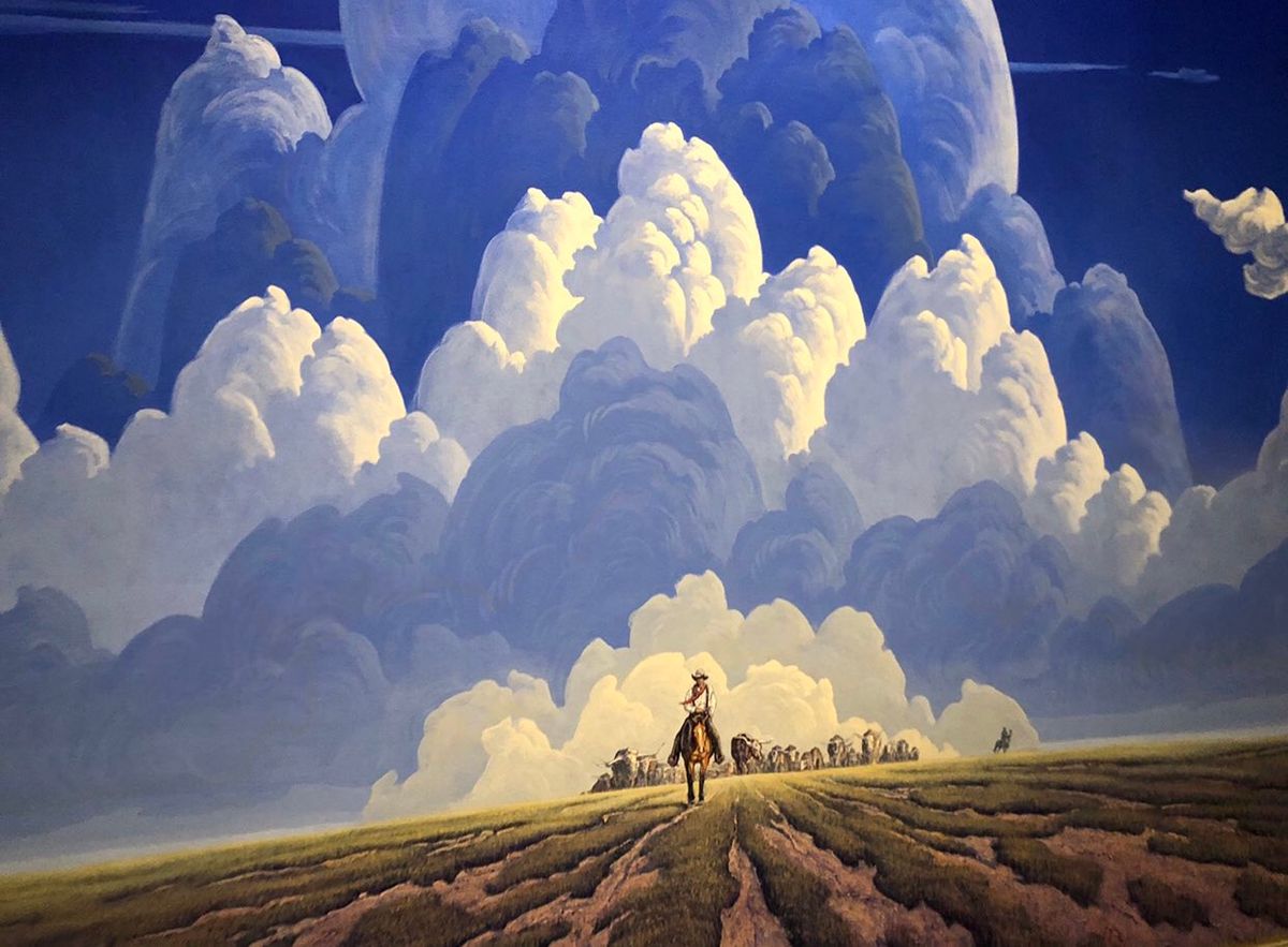 Tim, on social media duty for the National Cowboy Museum, explained on Twitter that work depicted on his morning mug is the painting Out of the Blue (2018) by Phil Epp. "I like to zoom in on the little details. Lol! #HashtagTheCowboy", he writes.