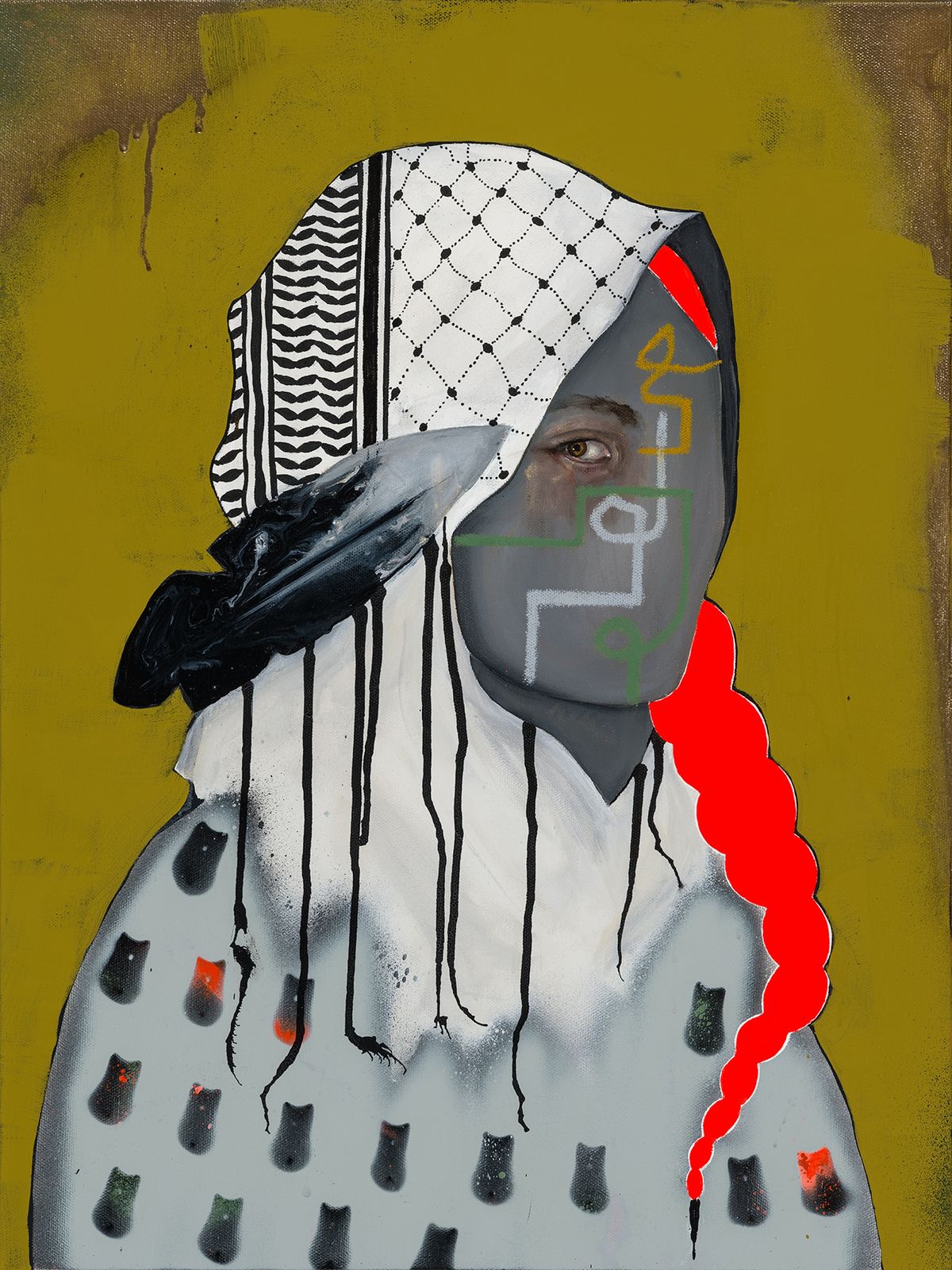 Danielle SeeWalker, G for Genocide, 2024, acrylic, aerosol, oil stick on canvas Courtesy the artist