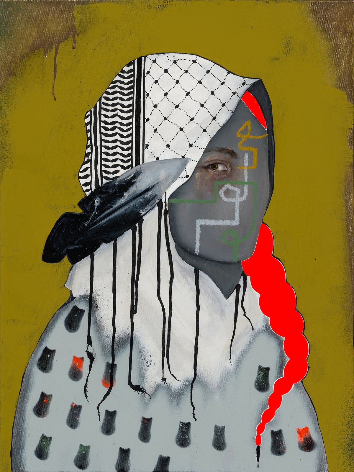 Danielle SeeWalker, G is for Genocide, 2024, acrylic, aerosol, oil stick on canvas Courtesy the artist