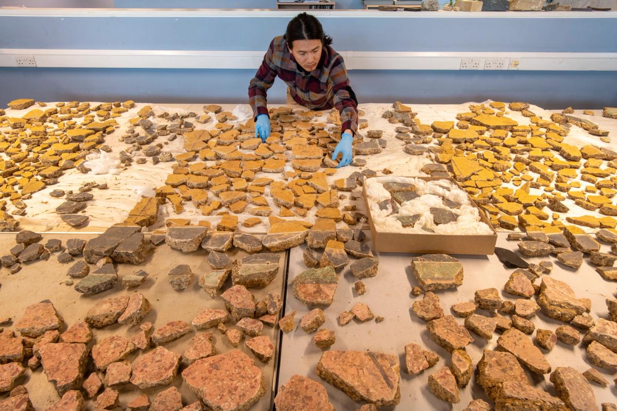 Museum of London Archaeology specialist Han Li reconstructing the wall plaster
© Museum of London Archaeology