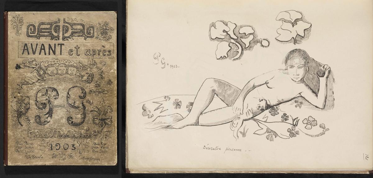 The front cover of the Avant et Après manuscript (left) and one of the pages (right) © The Courtauld