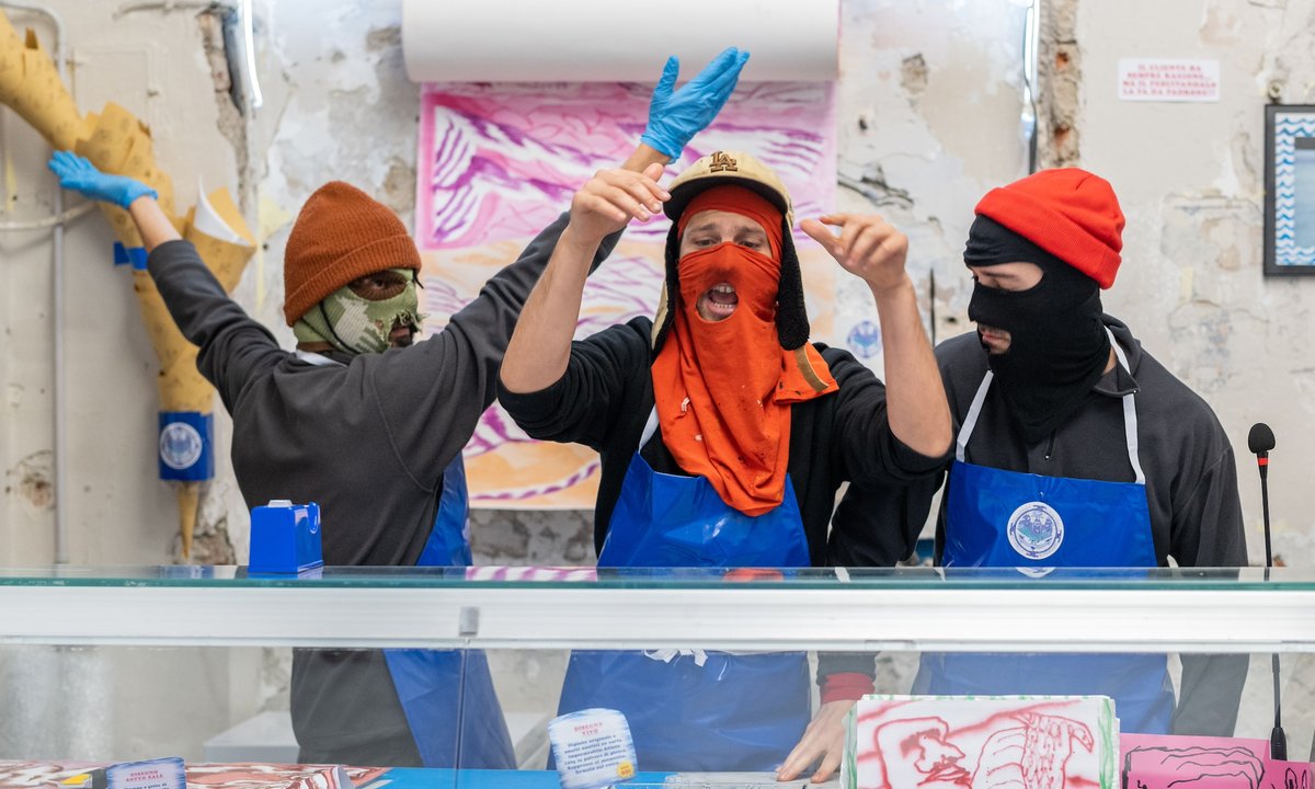 Italian artist trio Canemorto serving up fish market performance in New York Italian artist trio Canemorto serving up fish market performance in New York