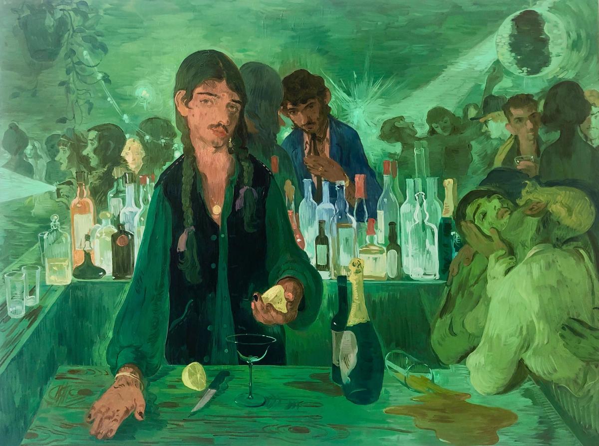 Salman Toor’s The Bar on East 13th (2019), one of his best-known works, is a reimagining of Édouard Manet’s famous Bar at the Folies-Bergère Photo: Genevieve Hanson; © the artist; courtesy of the artist, Luhring Augustine, New York, and Thomas Dane Gallery