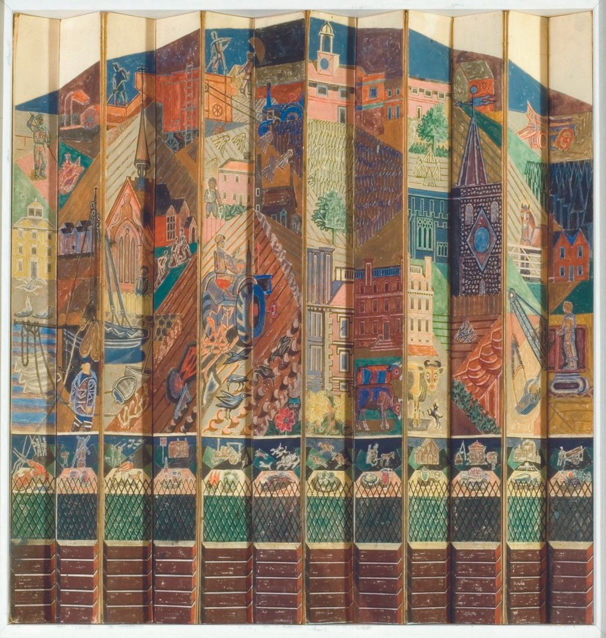 Pubs and churches, country houses and cottages, horses and hounds, gardeners and miners, and rural people at work and play, crowd Edward Bawden’s much smaller watercolour version of his Country Life mural for the 1951 Festival of Britain
Courtesy of Higgins Bedford