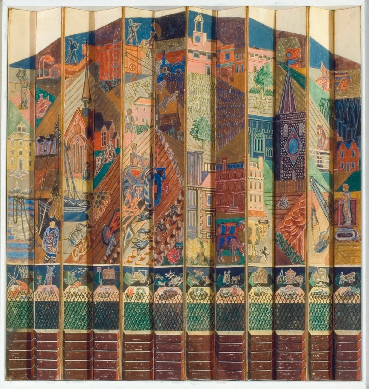 Pubs and churches, country houses and cottages, horses and hounds, gardeners and miners, and rural people at work and play, crowd Edward Bawden’s much smaller watercolour version of his Country Life mural for the 1951 Festival of Britain
Courtesy of Higgins Bedford