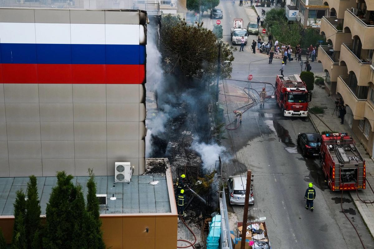 Firefighters battle a blaze that broke out at the Russian Cultural Centre in Nicosia on 26 April Photo: Amir Makar/AFP via Getty Images