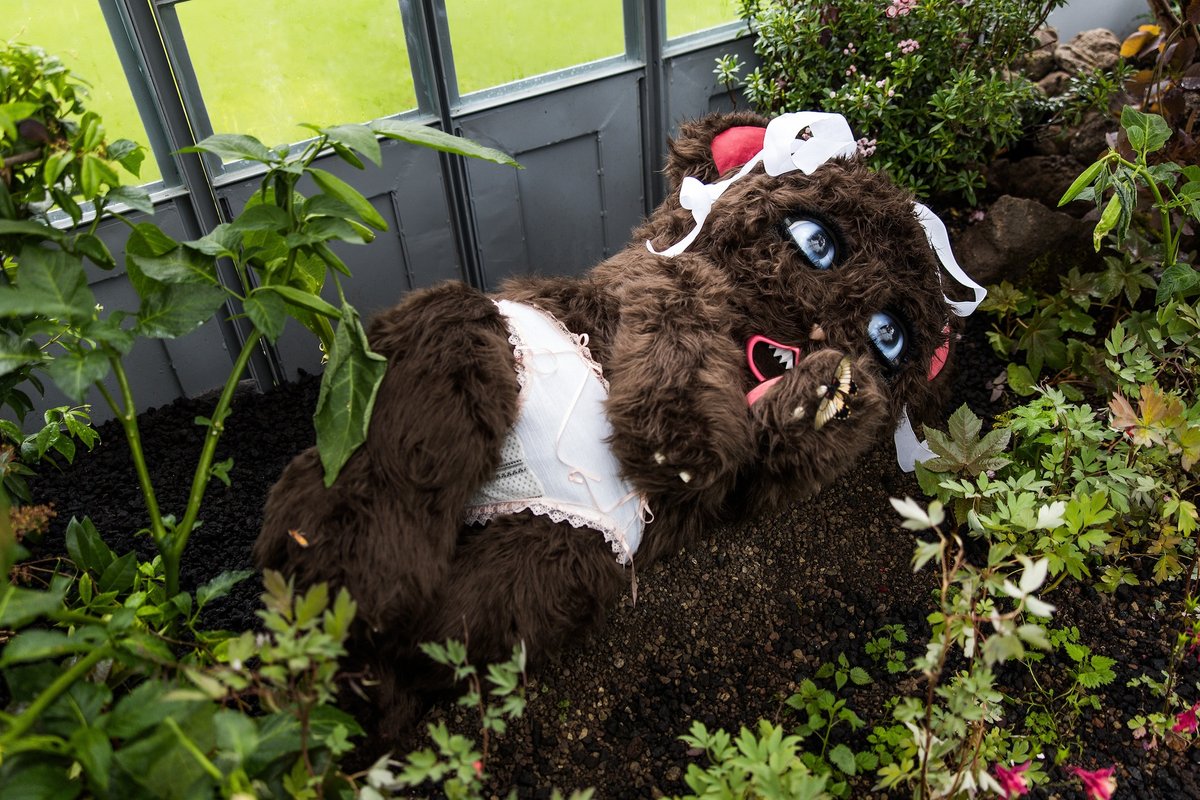 Grizzly stuff: Precious Okoyomon’s installation the sun eats her children is a terrifying combination of poisonous plants and a creepy animatronic bear, which periodically screams. The bear is "trapped in the nightmare”, the artist says Photo: Stefan Bohrer, © Precious Okoyomon