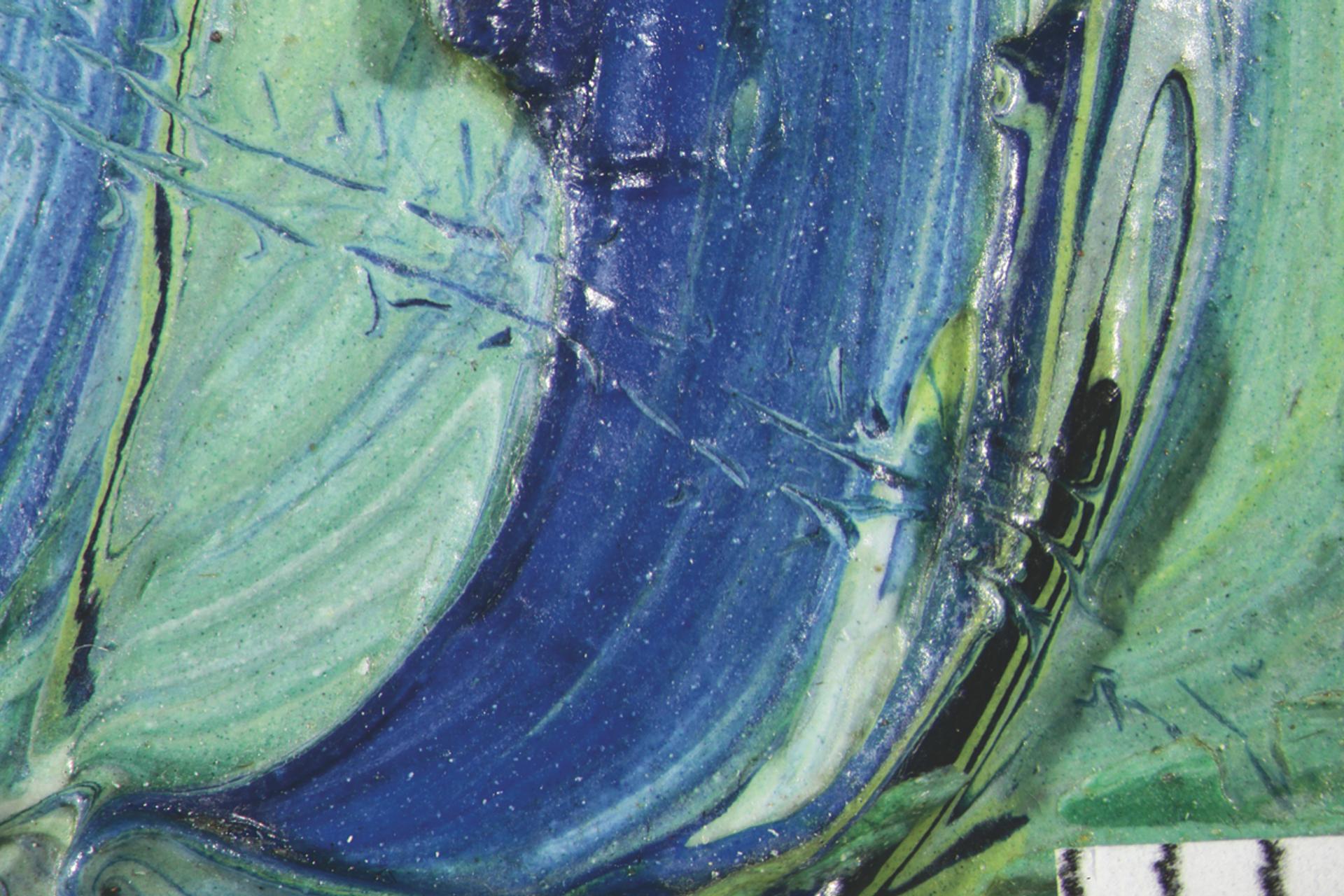 Traces of an insect walking through the paint, a detail from Van Gogh’s Olive Grove (July 1889) Courtesy of the Kröller-Müller Museum, Otterlo; photomicrograph: Margje Leeuwestein
