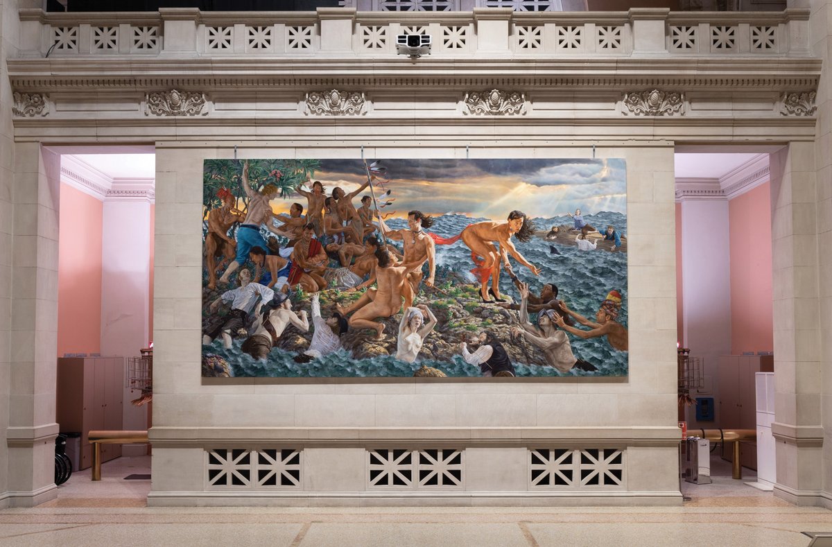 Shattering impact: Welcoming the Newcomers, one of two monumental paintings (each almost 11 feet by 22 feet) by Kent  Monkman in the Great Hall of the Metropolitan Museum, New York Photo by Anna-Marie Kellen
