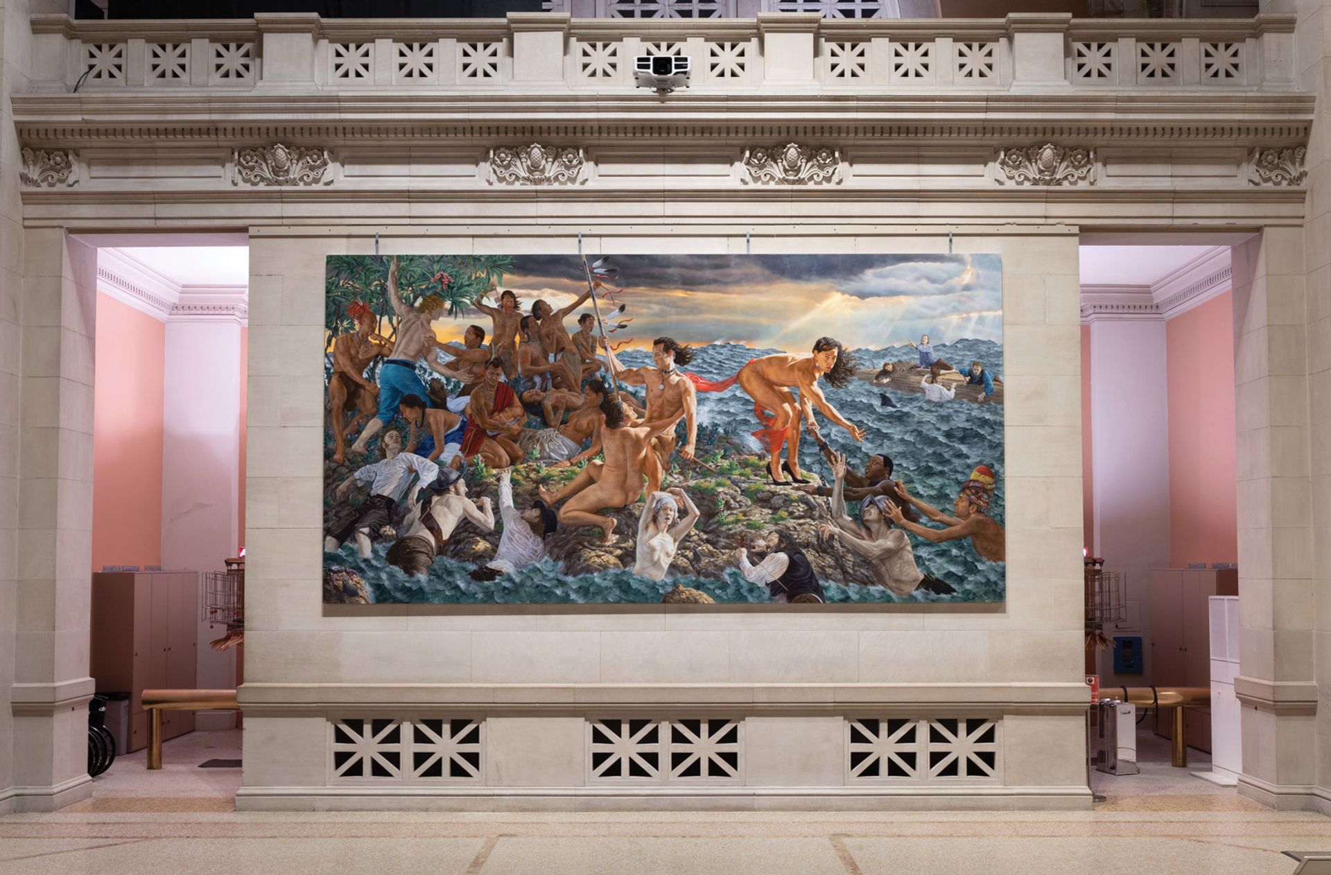Shattering impact: Welcoming the Newcomers, one of two monumental paintings (each almost 11 feet by 22 feet) by Kent  Monkman in the Great Hall of the Metropolitan Museum, New York Photo by Anna-Marie Kellen