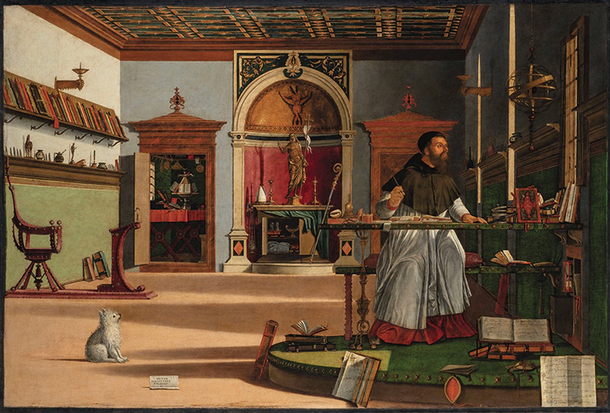 Woof! Like the pilgrim in Vittore Carpaccio’s Ordination of St. Stephen, the dog in Saint Augustine in His Study (1502-08) leads our gaze to the painting’s protagonist 
Photo: Matteo De Fina