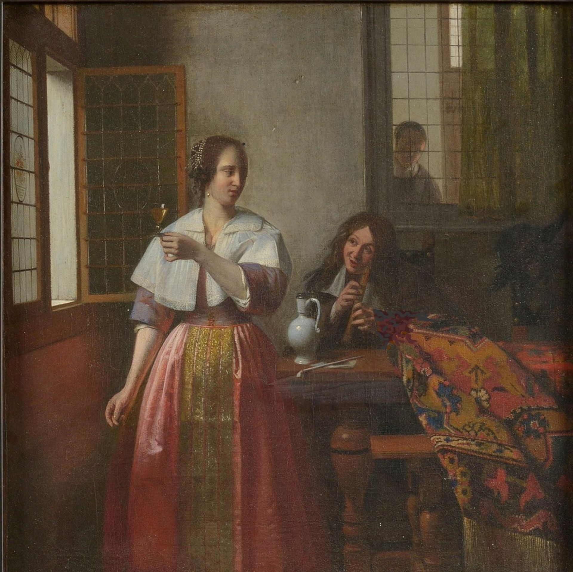 A Young Woman with a Wine Glass and a Musician playing a Tenor Recorder is thought to be a copy of a lost work by Vermeer Courtesy of Kaizerskapel, Antwerp