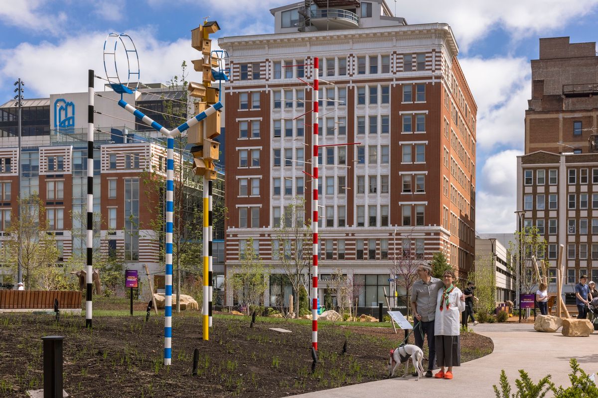 The artists Lenka Clayton and Phillip Andrew Lewis with their Bird Circus (2026) Photo: Chris Uhren, courtesy Pittsburgh Cultural Trust