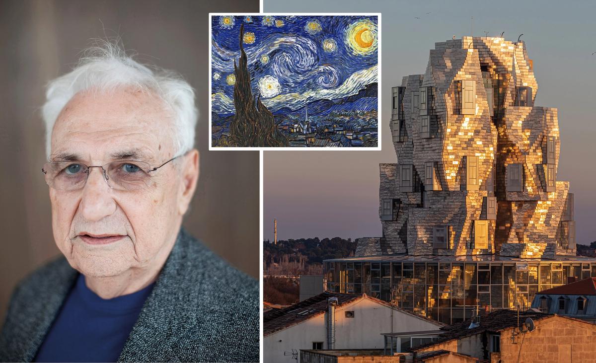 "My own art history and sense of Van Gogh’s presence in Arles was always in the back of my mind," says Frank Gehry of his LUMA Arles design Gehry: photo by Jerome Favre/Bloomberg via Getty Images; LUMA Arles: photo by Adrian Deweerdt / Luma; Van Gogh: Starry Night (1889)