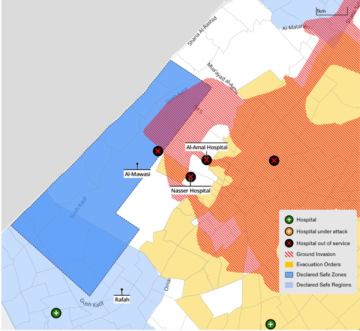 A map of Gaza created by Forensic Architecture showing evacuation orders by the Israeli military up until 22 January (yellow).
Courtesy of Forensic Architecture