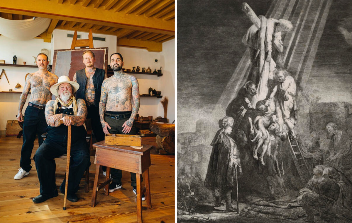Left: Tattoo artists Rupa van Teylingen, Henk Schiffmacher, Tycho Veldhoen, and Timothy John Englisch at the Rembrandt House Museum in Amsterdam. Right: Rembrandt’s The Descent from the Cross (1633) Photo: Mark Bolk, courtesy of Schiffmacher and Veldhoen/Museum Rembrandthuis