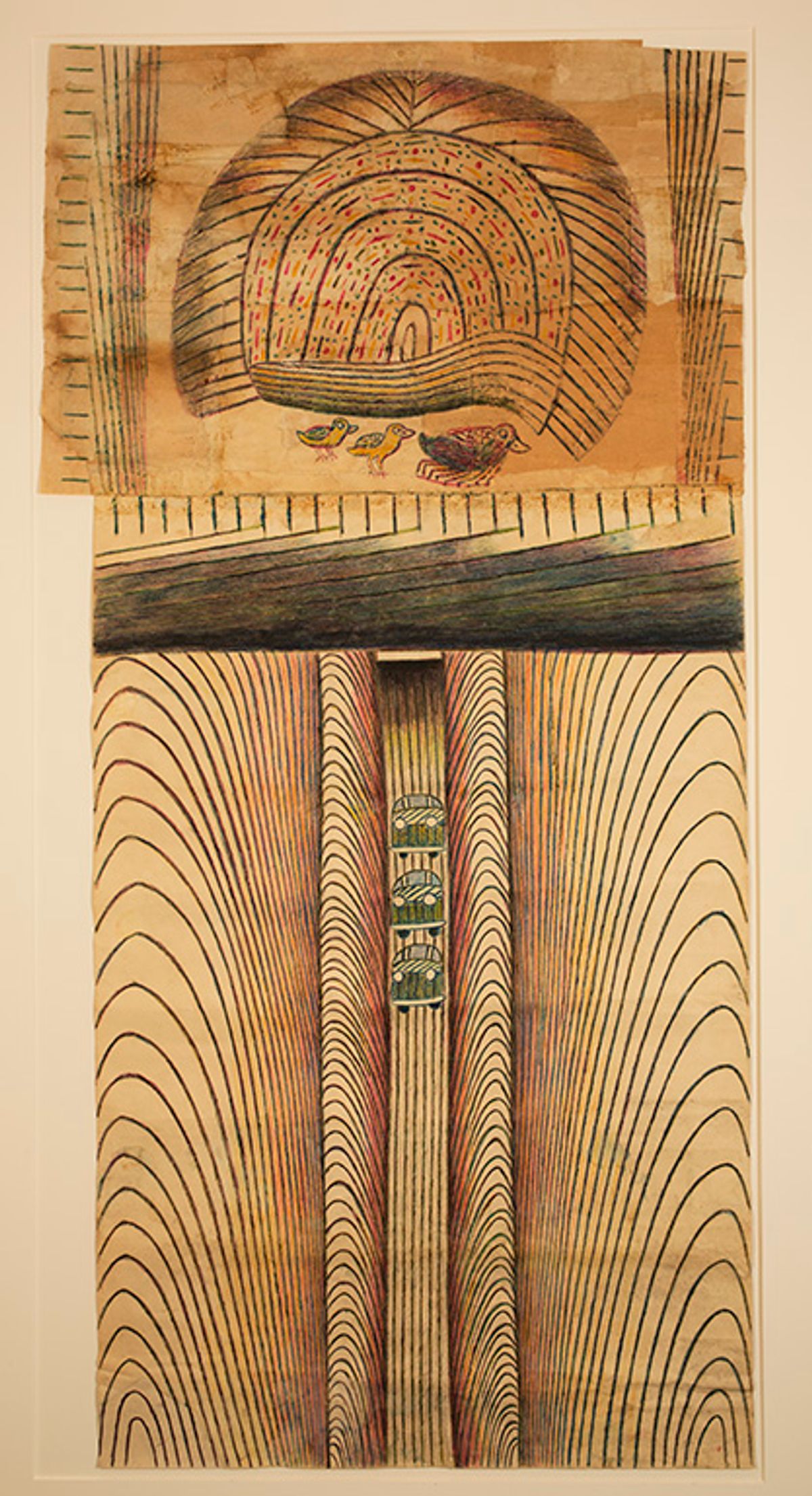 An untitled work by Martín Ramírez from around 1952-55 in gouache, coloured pencil and graphite on pieced paper. Donated by the collector Audrey B. Heckler, it will go on view at the American Folk Art Museum later this year. Estate of Martín Ramírez/© Visko Hatfield