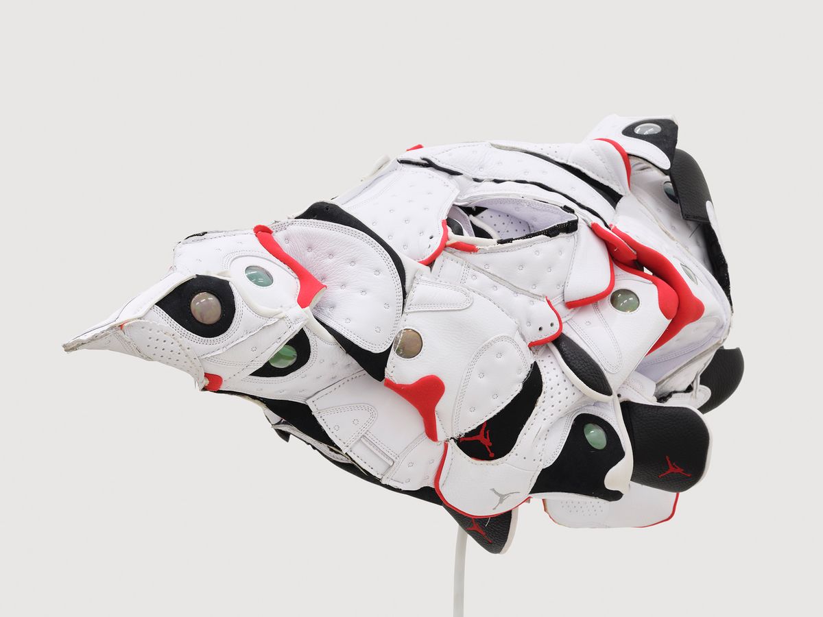 Brian Jungen, detail, Plague Mask 3 (fever dream), 2020, Nike Air Jordans Photo: Rachel Topham Photography. Courtesy Catriona Jeffries, Vancouver