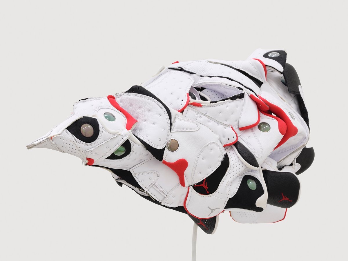 Brian Jungen, detail, Plague Mask 3 (fever dream), 2020, Nike Air Jordans Photo: Rachel Topham Photography. Courtesy Catriona Jeffries, Vancouver