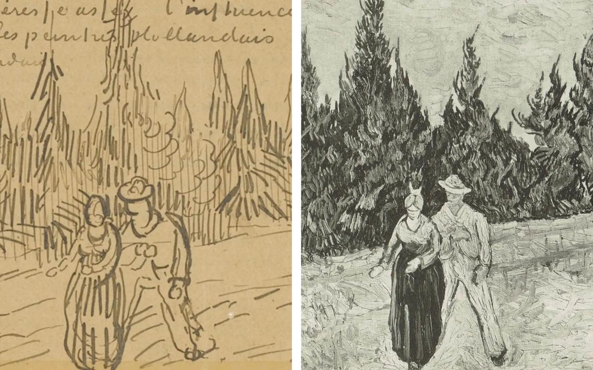 Left: Vincent’s sketch of The Lovers in his letter to Theo, 21 October 1888 (detail). Van Gogh Museum, Amsterdam (Vincent van Gogh Foundation)

Right: Photograph of Van Gogh’s The Lovers (October 1888) (detail). Auction catalogue of Thea Sternheim sale, Amsterdam, 11 February 1919 (The Lovers was not sold)