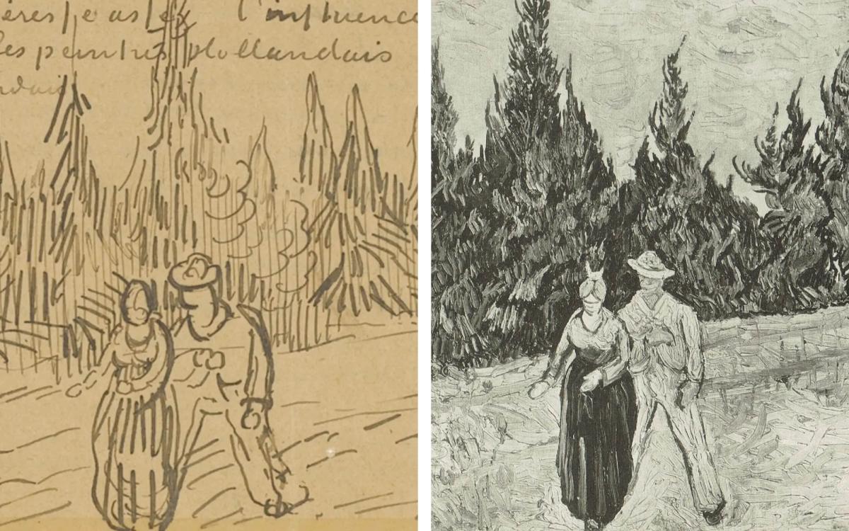 Left: Vincent’s sketch of The Lovers in his letter to Theo, 21 October 1888 (detail). Van Gogh Museum, Amsterdam (Vincent van Gogh Foundation)
Right: Photograph of Van Gogh’s The Lovers (October 1888) (detail). Auction catalogue of Thea Sternheim sale, Amsterdam, 11 February 1919 (The Lovers was not sold)